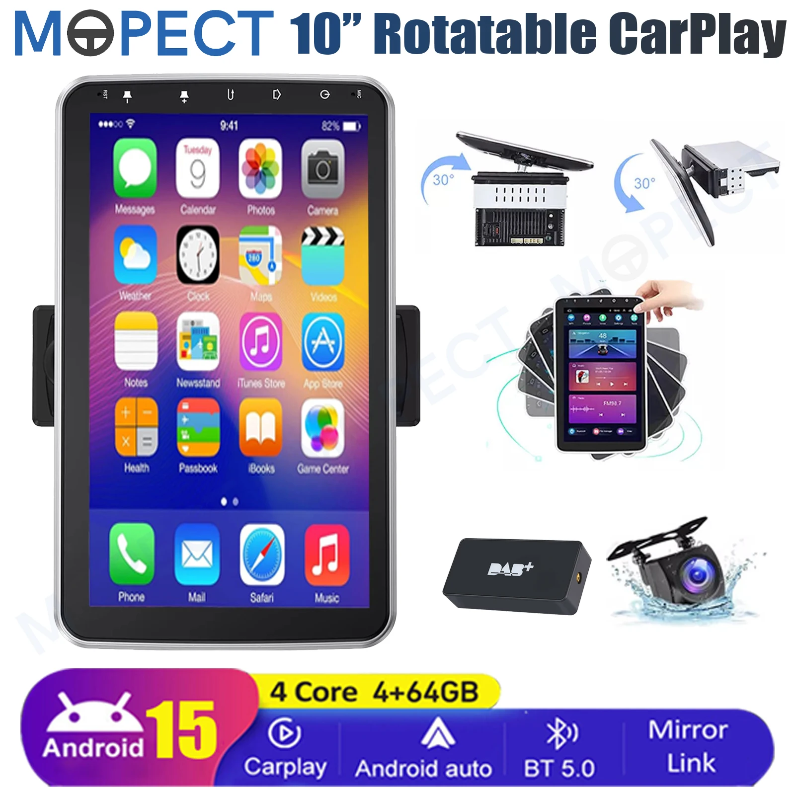 MOPECT 10.1" Android 15 Rotabile 4+64G 360° ° Autoradio Universale con Carplay Wireless, Touchscreen, BT, GPS, Navigazione, FM, SWC+DAB&AHD