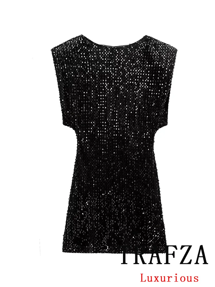 TRAFZA Vintage Casual Chic Women Dress Black Solid Sequins Sleeveless O-Neck Backless Mini Vestidos Fashion 2024 Autumn Dress