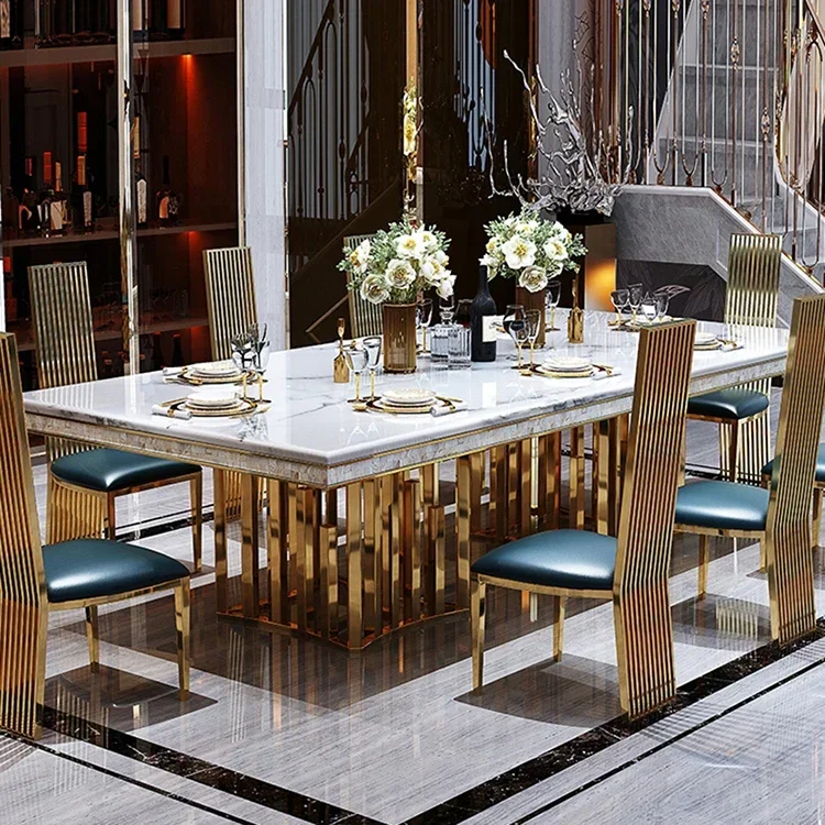 

z Modern luxury kitchen furniture gold stainless steel marble dining table with 6 chairs luxurious Italian dining room table se