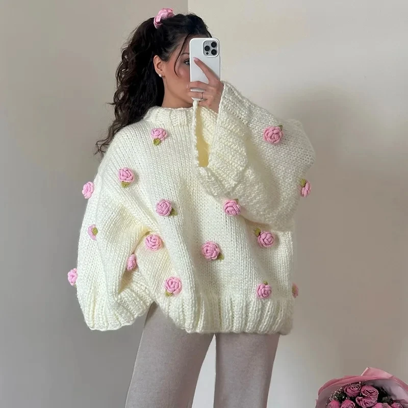 

2026 Autumn New Sweet Fresh Loose Semi High Neck Flared Sleeve Flower Decorated Women SweaterFashion Desin