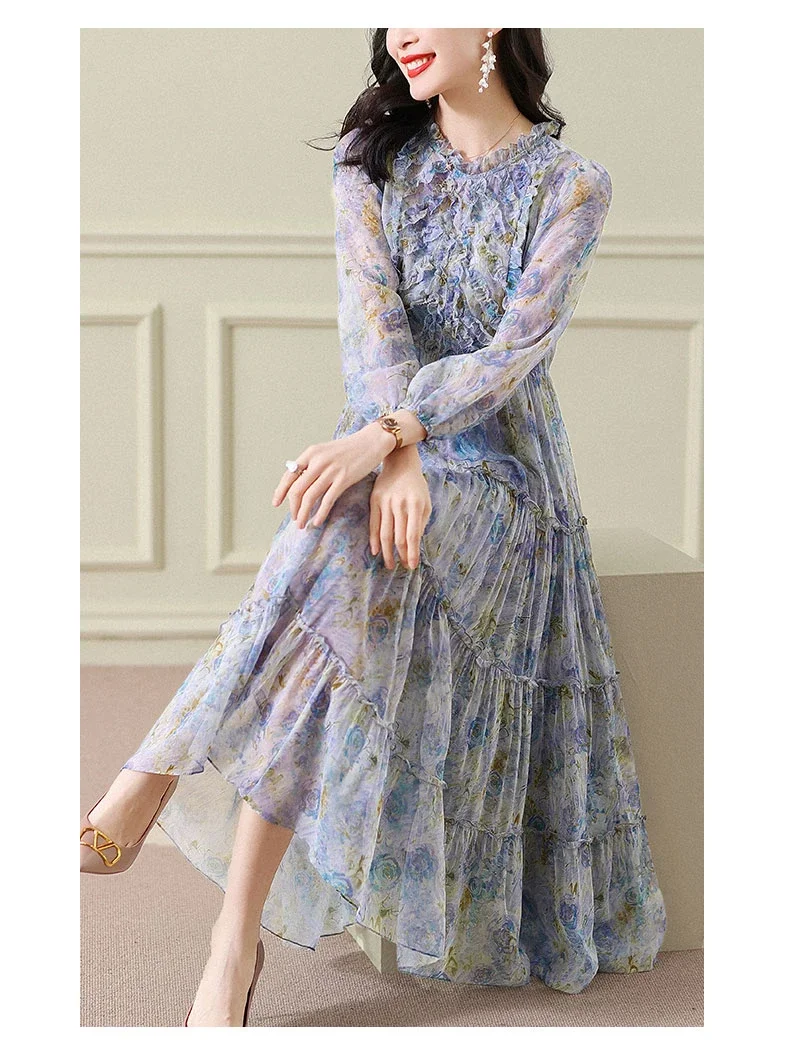 

100% Real Silk Dress 2024 Spring New High-end Long Sleeve Floral Dress Elegant Maxi Dresses For Women Clothing Vestido Zm3324