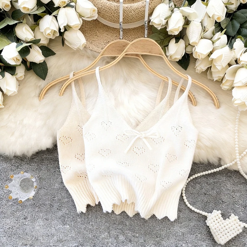 

Beige Heart Eyelet Tie Front Crop Tank Women's Clothing Vest Spaghetti Strap V Neck Stretchy Knit Casual Summer Boho Cami Top