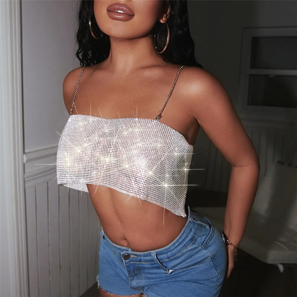 

Fashion Sexy Metallic Ultra-Shine Rhinestone Tie Chain Halter Strapless Women Top Evening Club Vest Female Summer Short Tops