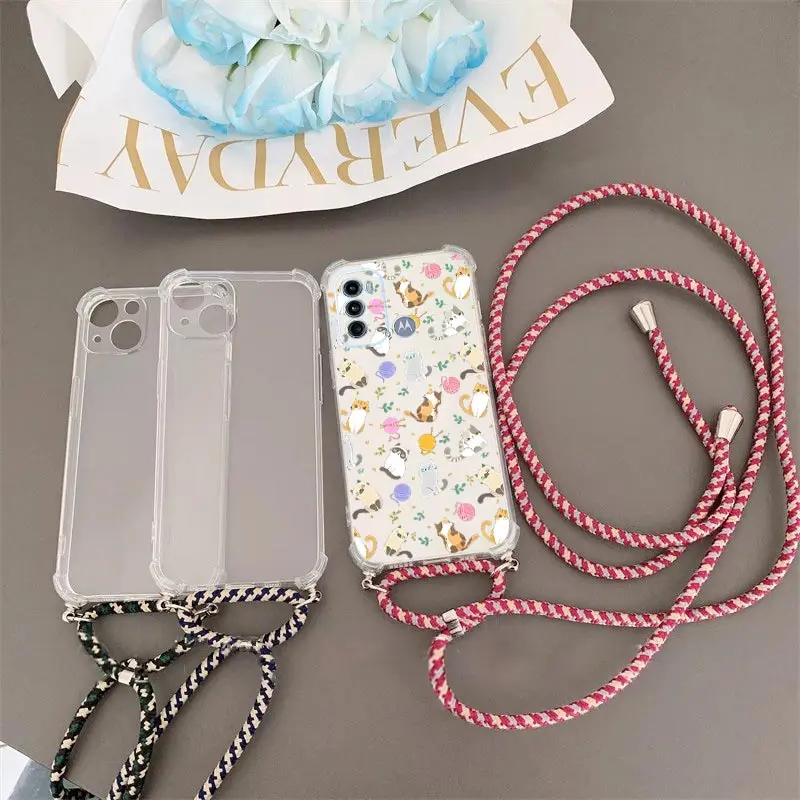 Simple Cat Transparent Crossbody Lanyard Phone Case For Motorola Moto G60 G42 G82 G53 G40F G20 G30 G22 G52 E20 G8 G9 Power Cover