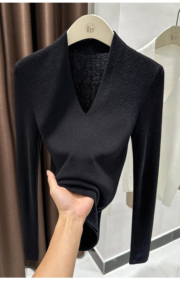 AOSSVIAO Herbst Winter Schwarzer Damen-Pullover mit V-Ausschnitt, langärmelig, schmale Passform, weicher Strickpullover, weiche, vielseitige Basic-Layering-Tops – Detail 20