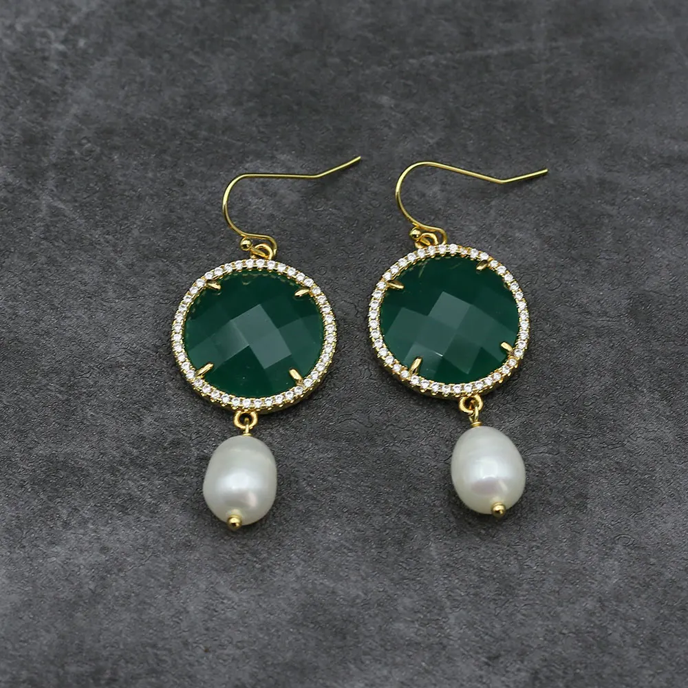 Boucles d'oreilles crochet pendantes pour dames, perle d'eau douce naturelle, perle de riz blanche, perle verte, diversifier, pièce de monnaie pavée CZ, cadeaux simples, 227