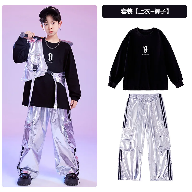 طفل الهيب هوب الملابس الفضة واحد الكتف سترة البلوز أعلى عارضة السراويل البضائع واسعة لفتاة صبي الجاز ملابس الرقص زي الملابس