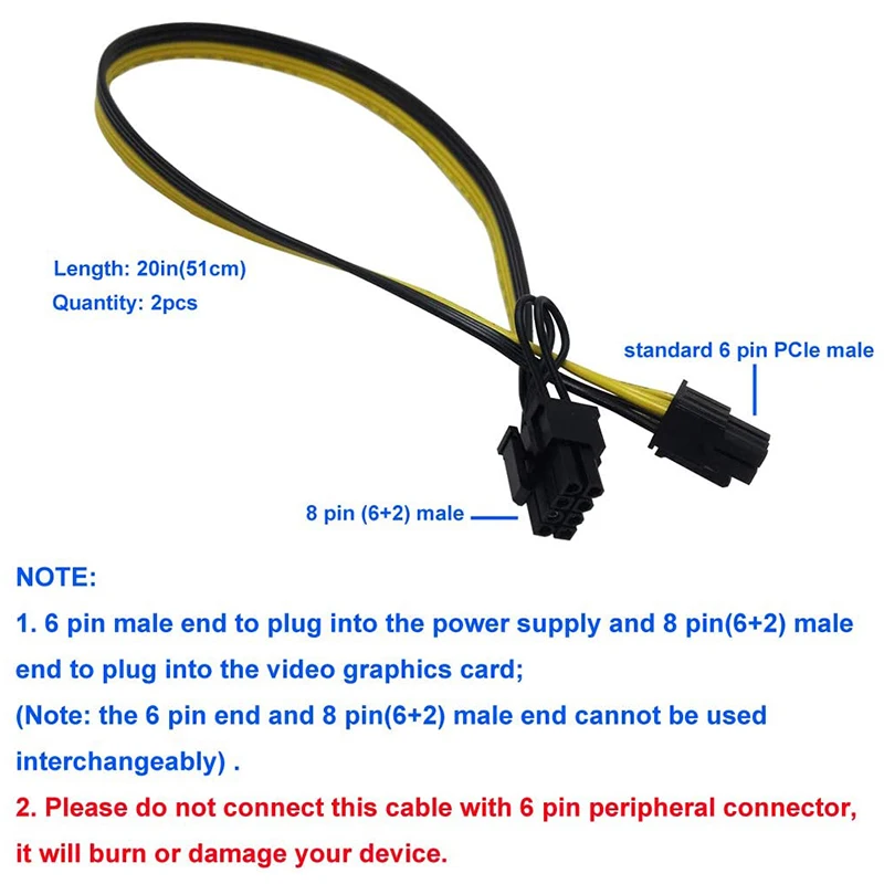 2 Pcs 6 Pin Male to 8 Pin (6+2) PCI Express Power Adapter Cable for CoolerMaster and Thermaltake Power Supply