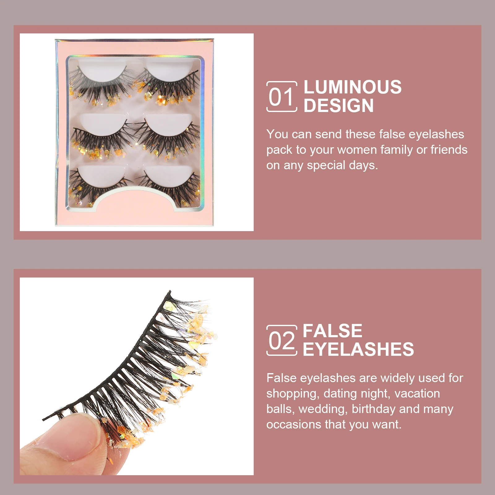 

3Pairs Individual False Lashes Delicate Color for Dating Night Vacation Balls False Eyelashes Fake Lashes Glitter Eyelashes