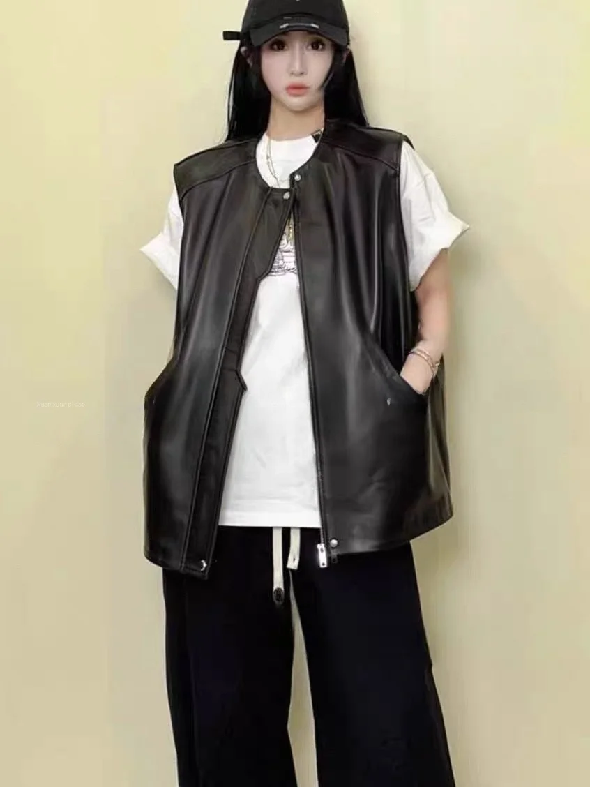 

Spring 2025 Women's Leather Jaet Vest round Ne Long Sve eepskin Coat Medium Length Faionable Loose Fit Outerwear