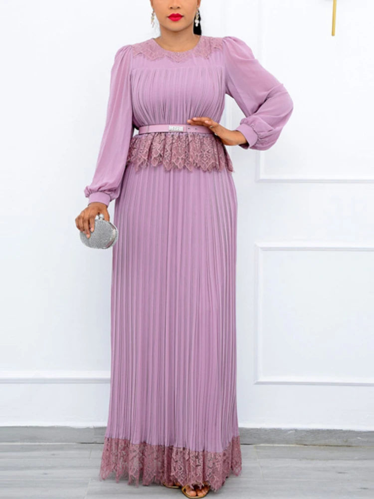 Elegant Pleated Long Dress For Women Lilac Long Sleeves Patchwork Lace Robe with Sash Casual Modest Party Work Vestido Big Size