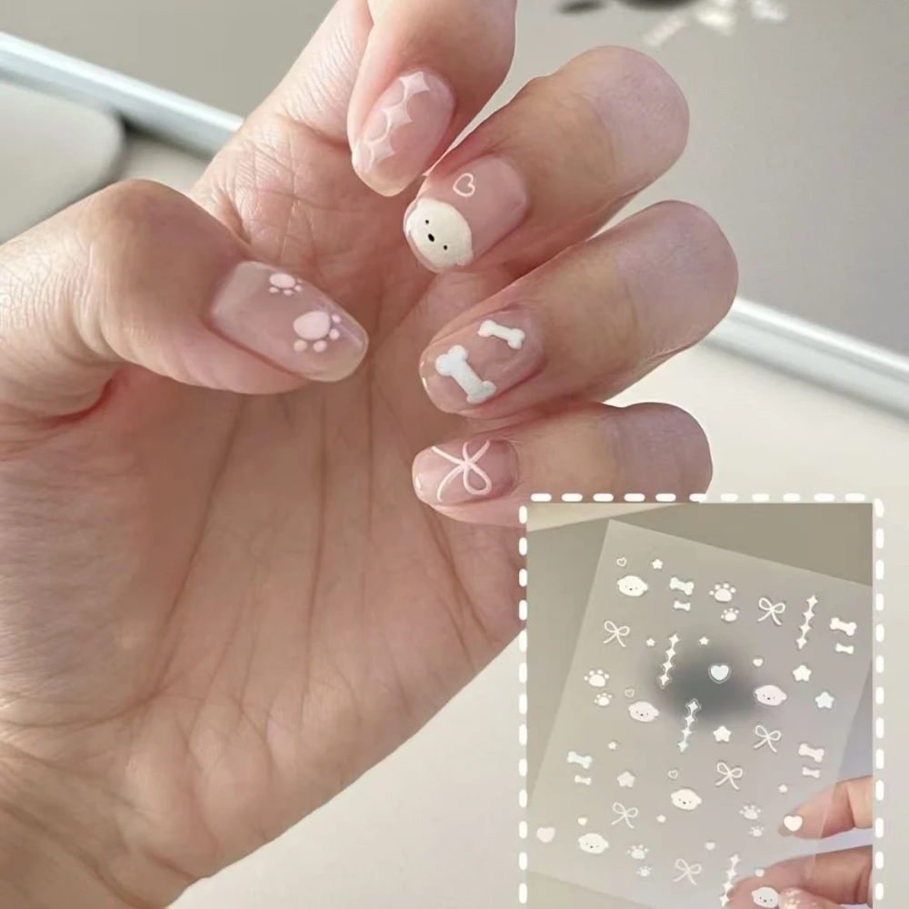 Cute Puppy Graffiti 3D Embossed Nail Stickers Ins Styles Minimalist Self-Adhesive Cartoon Decals Creative DIY Nail Art Cup Daily