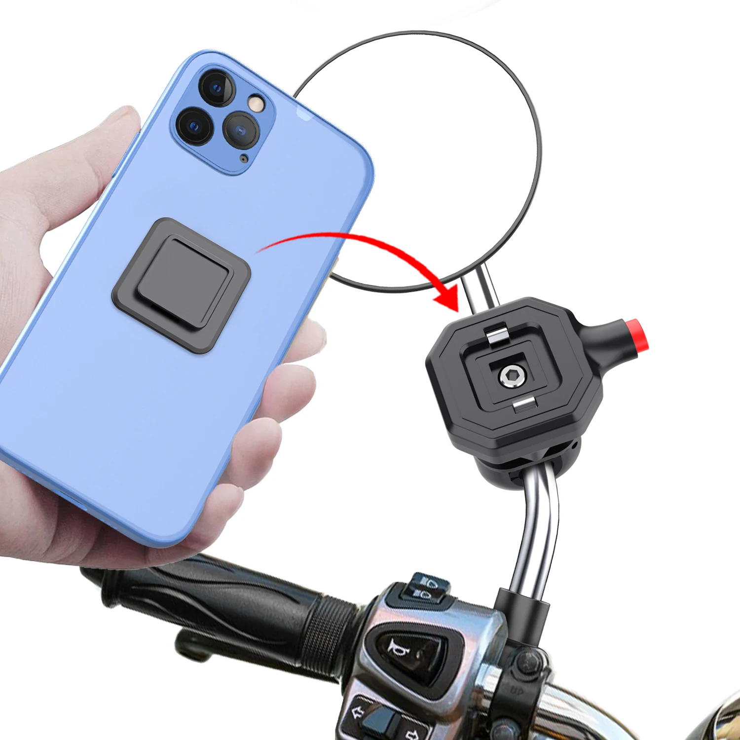 Motorcycle phone stand, anti-shake, quick release Phone stand Motorcycle Mirror stand - universal, rugged, adjustable design