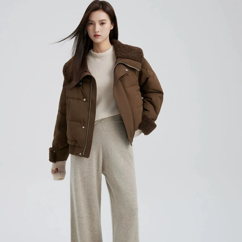 Chericom Women's Winter Down Jacket Short Faux Shearling Collar and Cuffs Quilted Panel Zipper Closure Padding Coats Y299129Y