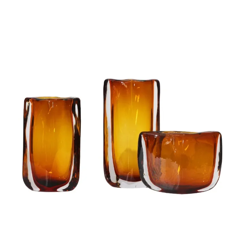 

Amber light luxury glazed flat flower ware model room living room hotel orange vase ornament