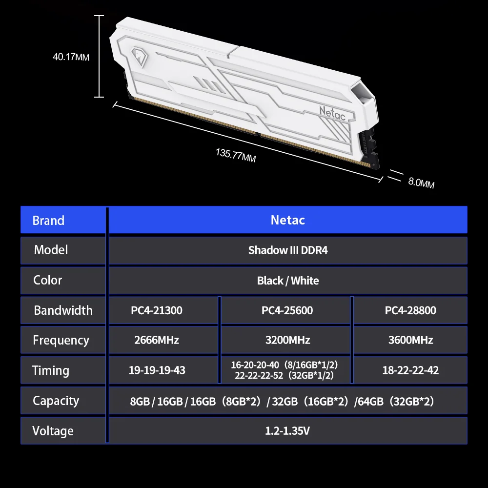 Immagine 7: Memoria RAM Netac DDR4 3200MHz 3600MHz 8G 16G 8Gx2 16Gx2 ShadowIII DDR4 Dual Channel XMP2.0 DDR5 4800MHz per PC Desktop
