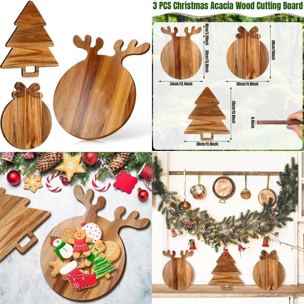

Большая круглая доска для мясных изделий из дерева акации с рождественской елкой и ручкой-веном из рога, декоративное сервировочное блюдо для рождественской елки