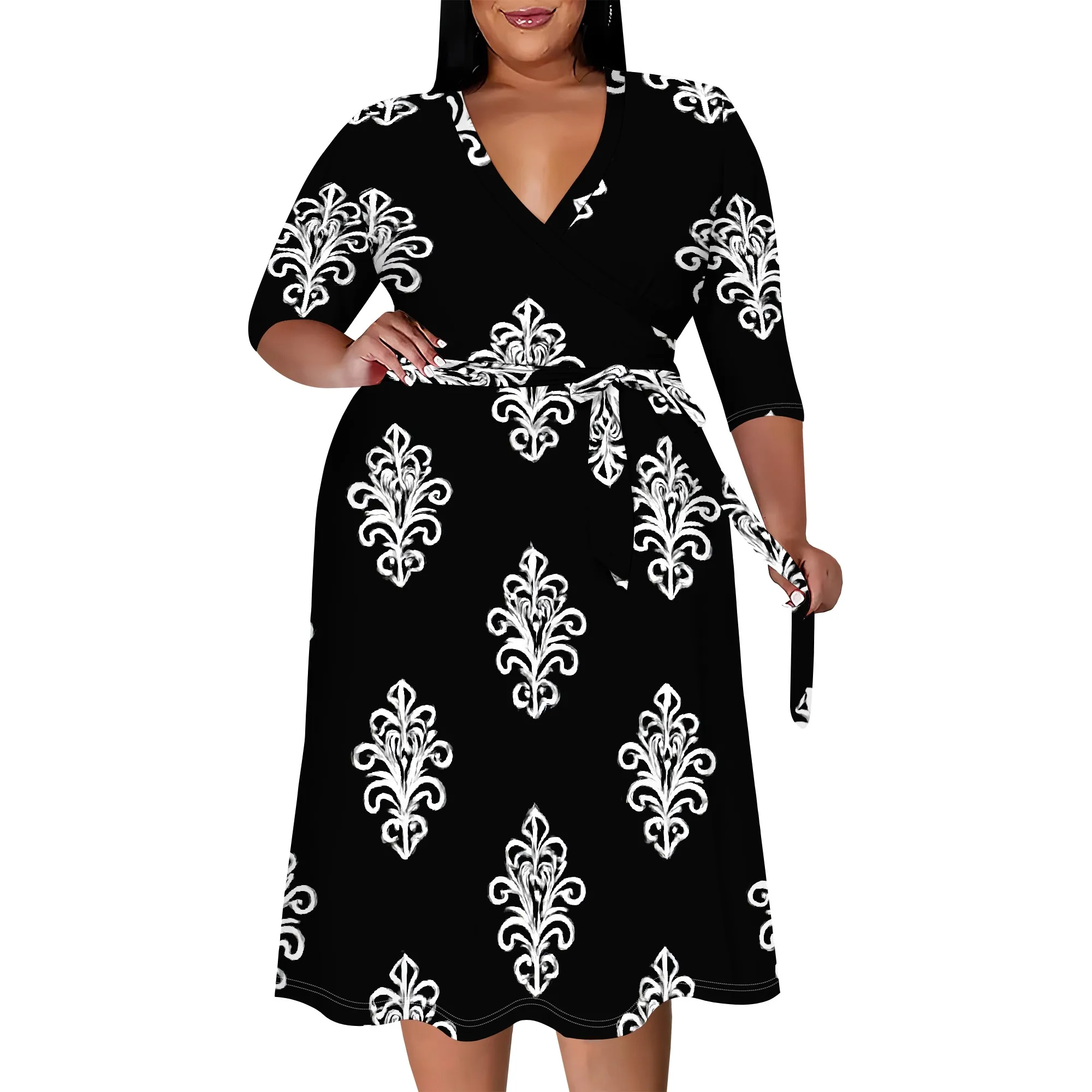 Floral Print Women's Maxi Dress XL-6XL, V-Neck Casual Summer Dress with Belt, Black & White Elegant Design