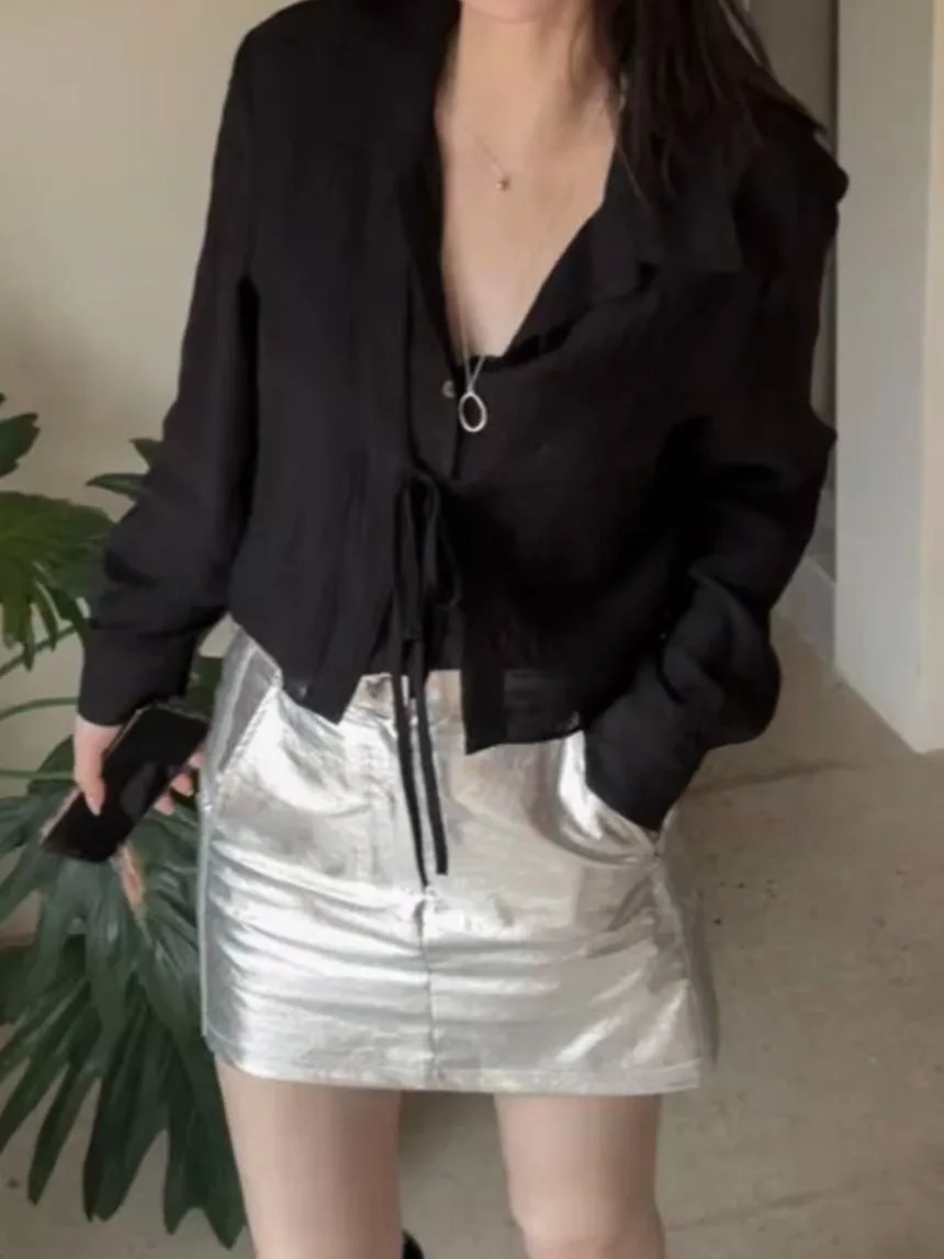 White irt Women's Spring New Small Design Sense Fake Two-Piece Belted irt Age-Defng Long Sve Top Korean Sle High W...