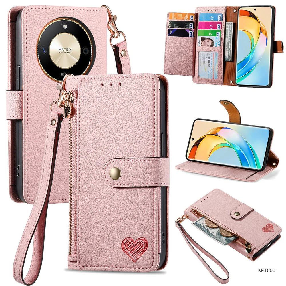 Flip Cover Card Insert Phone Cover for Honor X7 X50 60 70 Pro Phone Case Solid Color Anti-fall Zipper Wallet Clip Phone Shell