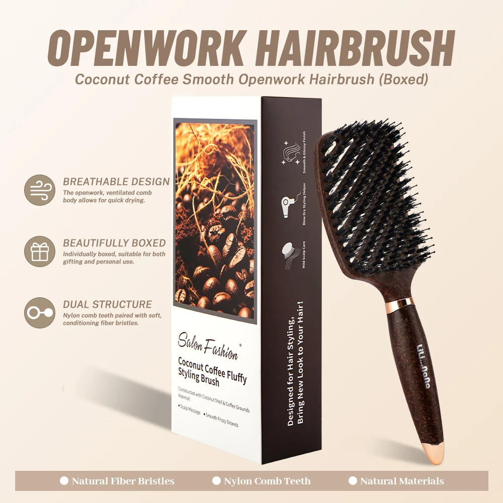 Coffee-Infused Coconut Shell Open-Vent Styling Quick-Dry Hairbrush Gift-Boxed Suitable for Home Salon or Gifting Unisex