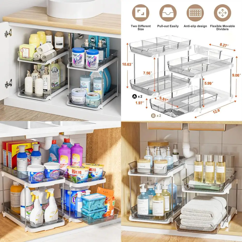 

Grey 4-Pack Stackable Bathroom & Kitchen Organizers with Movable Dividers for Under Sink & Medicine Cabinet Storage