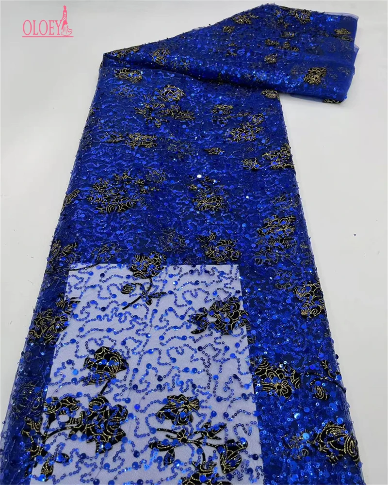 

OLOEY Nigerian High-Quality Sequins Beads Lace Tulle Fabric for Wedding Party Sewing - African Style Bride French Tulle