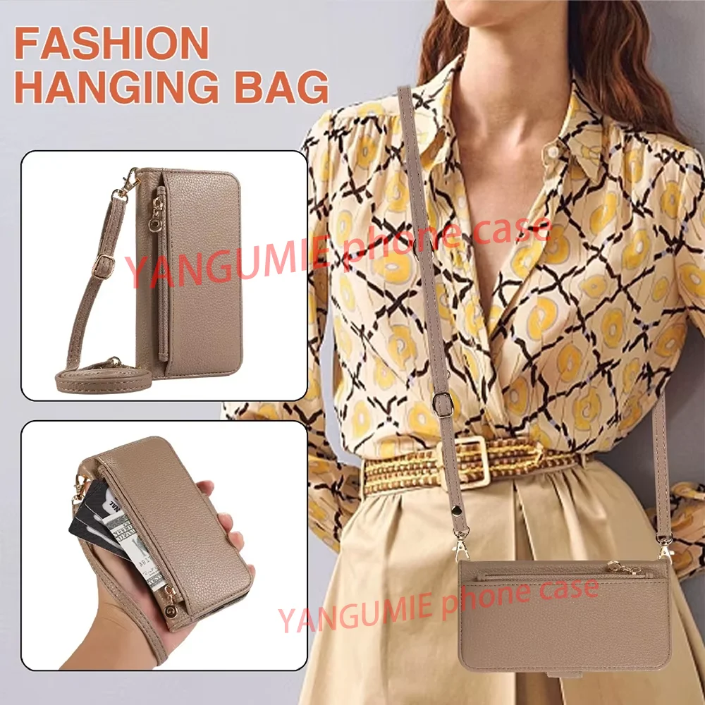 For iPhone16/17 Pro Max litchi-patterned zipper wallet with built-in multi-card anti-drop leather case slung diagonally