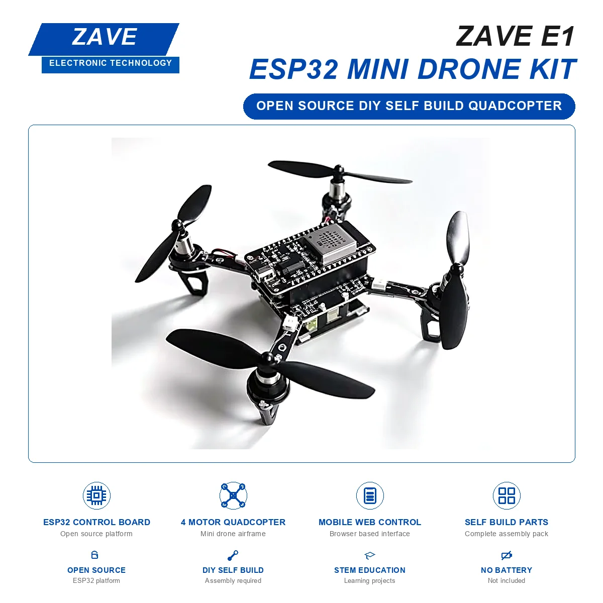 Zestaw do samodzielnego montażu minidrona ESP32, otwarty kod źródłowy, model ZAVE E1, kompletny pakiet części do samodzielnego złożenia, edukacja STEM, bez baterii.