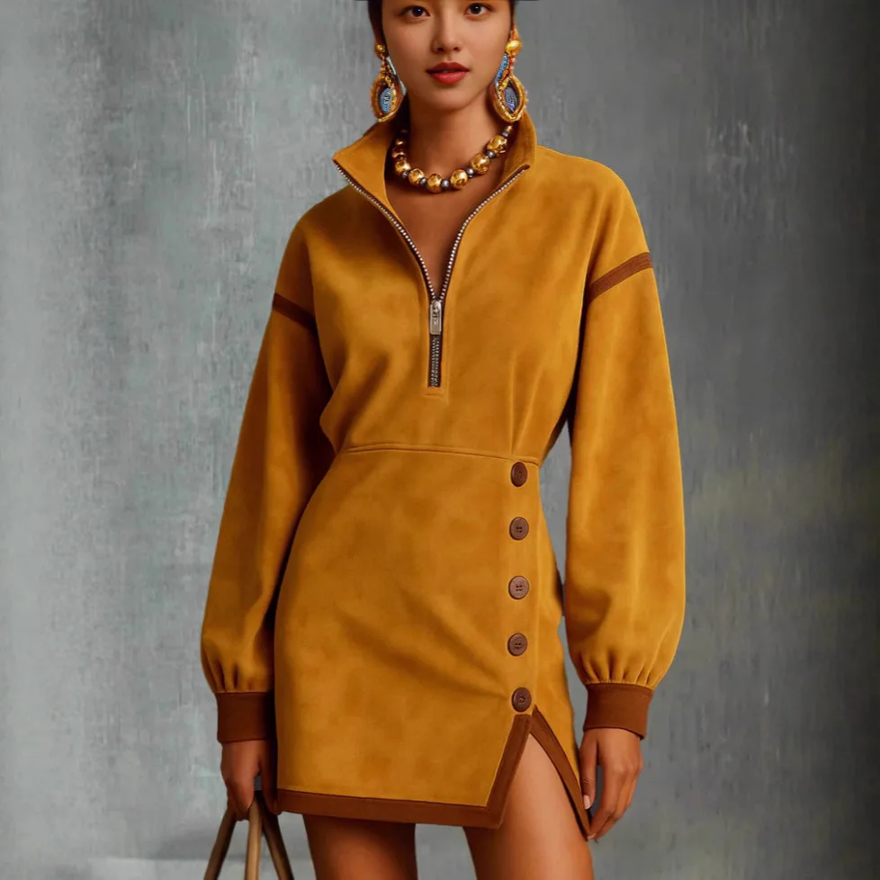 Autumn Winter New Style Yellow High Collar Button  Dress British Style Knitted Thickened Long Sleeve One Step Skirt Dress