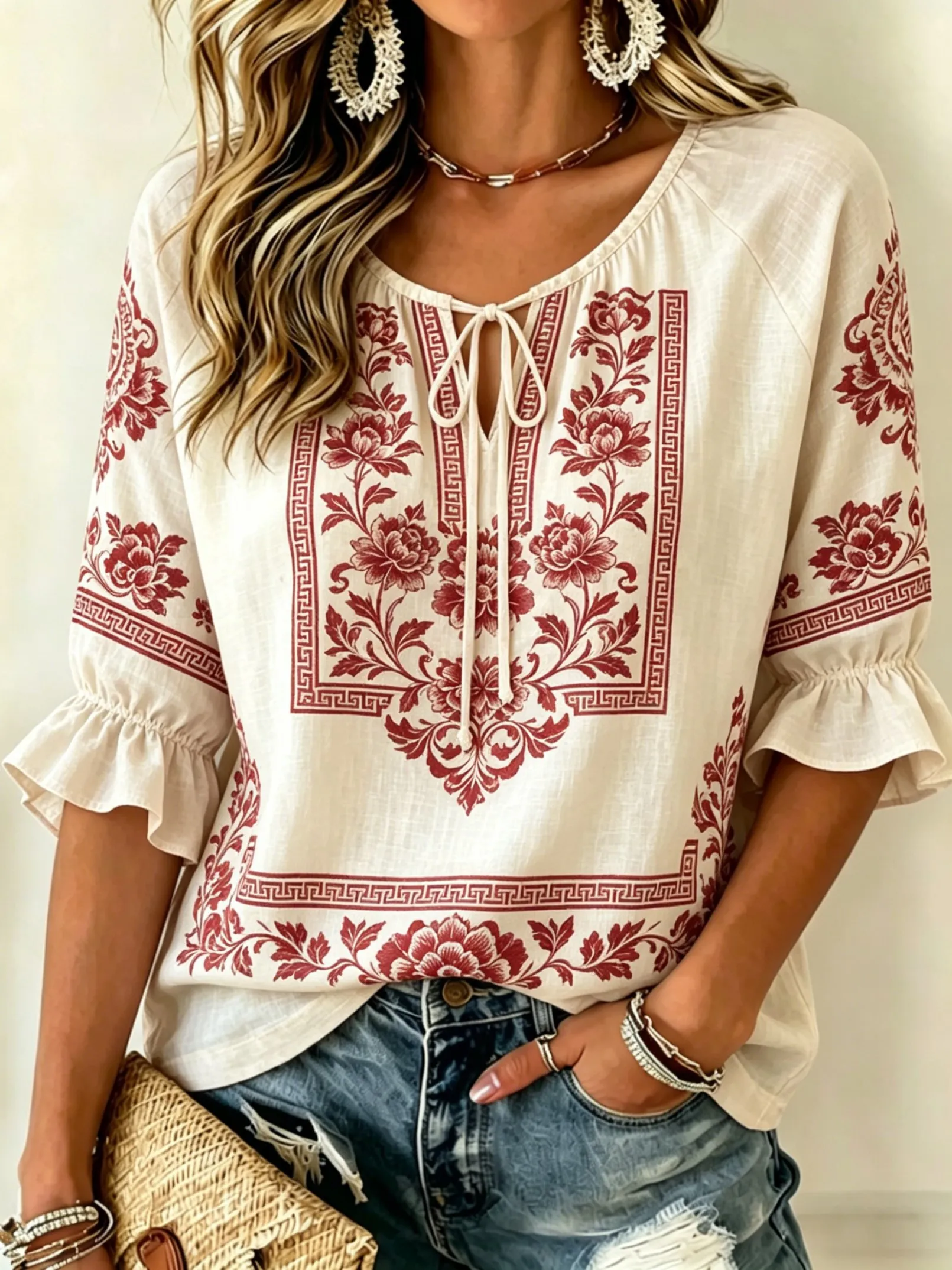 

Women's Red Floral Ethnic Print Tie Front Blouse, Casual Loose Top for Spring Summer Daily Wear