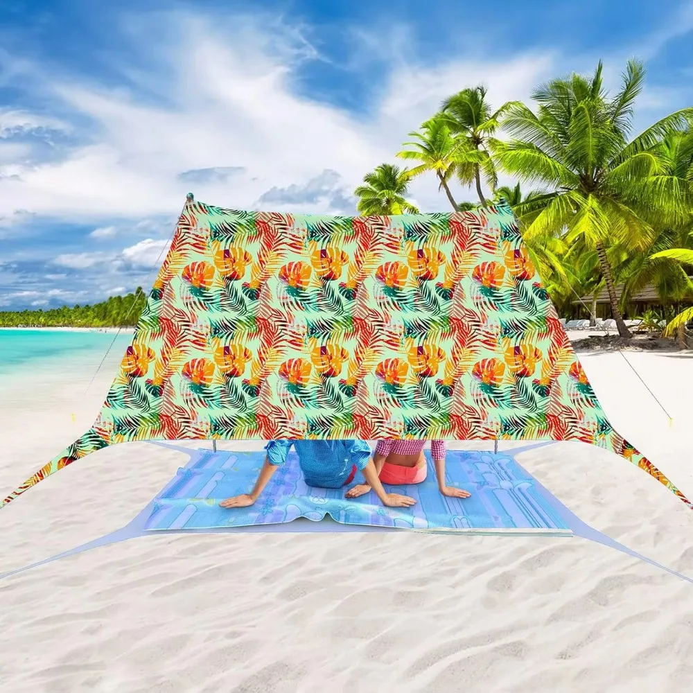 مظلة منبثقة UPF50+ 4 عمود تثبيت/حقيبة حمل/حبل مصدات الرياح محمول في الهواء الطلق مظلة عائلية للتخييم والشاطئ وصيد الأسماك والنزهة