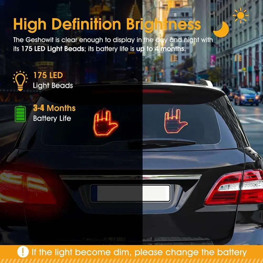 

Funny Car Finger Light With Remote Road Rage Signs Middle Gesture Hand Lamp Sticker Glow Panel 176 LED Automotive Accessories