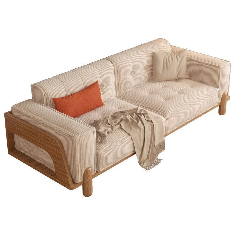 Bedroom solid wood sofa simple modern living room small apartment three people Nordic log color cream style fabric sofa