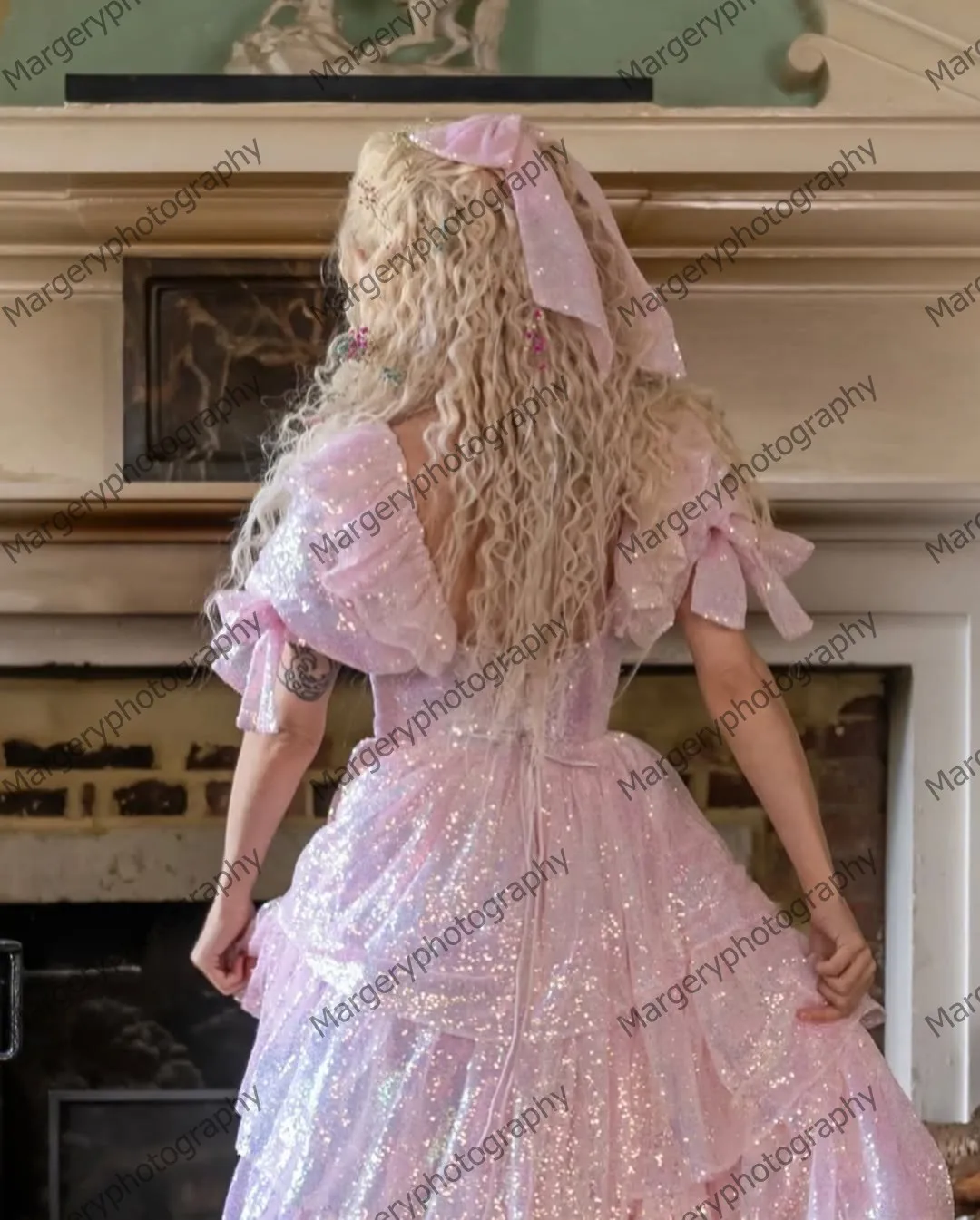 Princesa lantejoulas rendas vestidos de baile glitter babados em camadas rendas inchado pageant vestido de festa mangas puff arco meninas vestidos de brithday