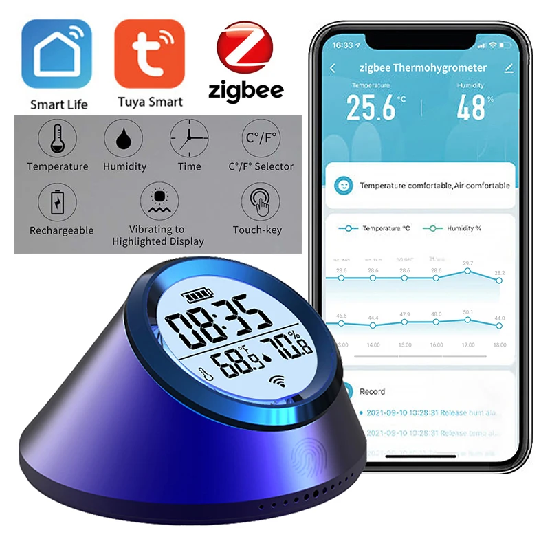 Sensor de temperatura e umidade Tuya Zigbee, relógio inteligente vibratório para exibição destacada, bateria recarregável, C °, seletor de F °