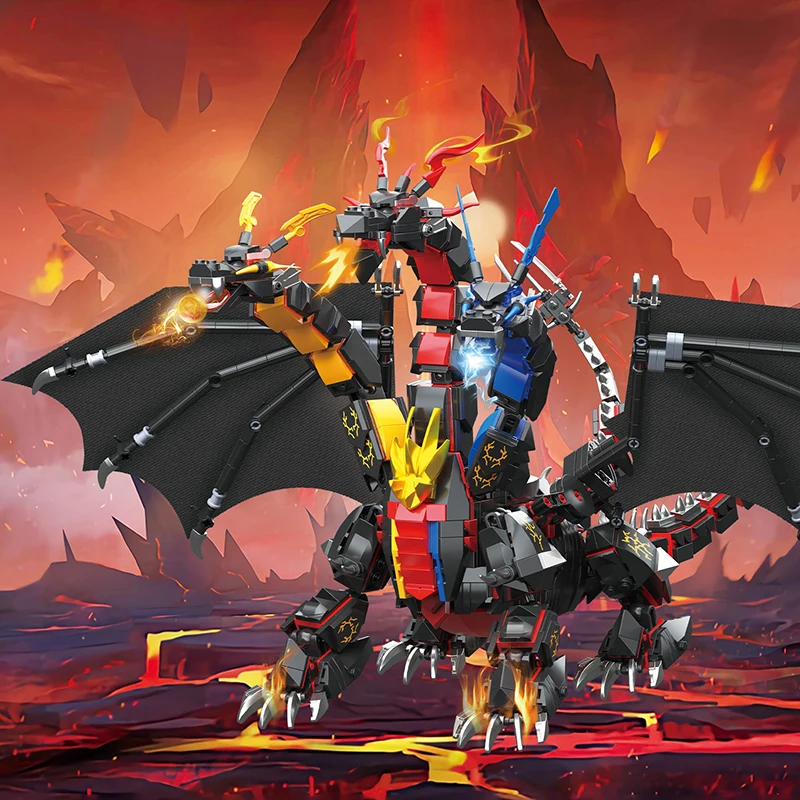 ミニ粒子三頭炎龍巨大多頭メカドラゴンメカ獣モデル組み立てブロック装飾ギフト