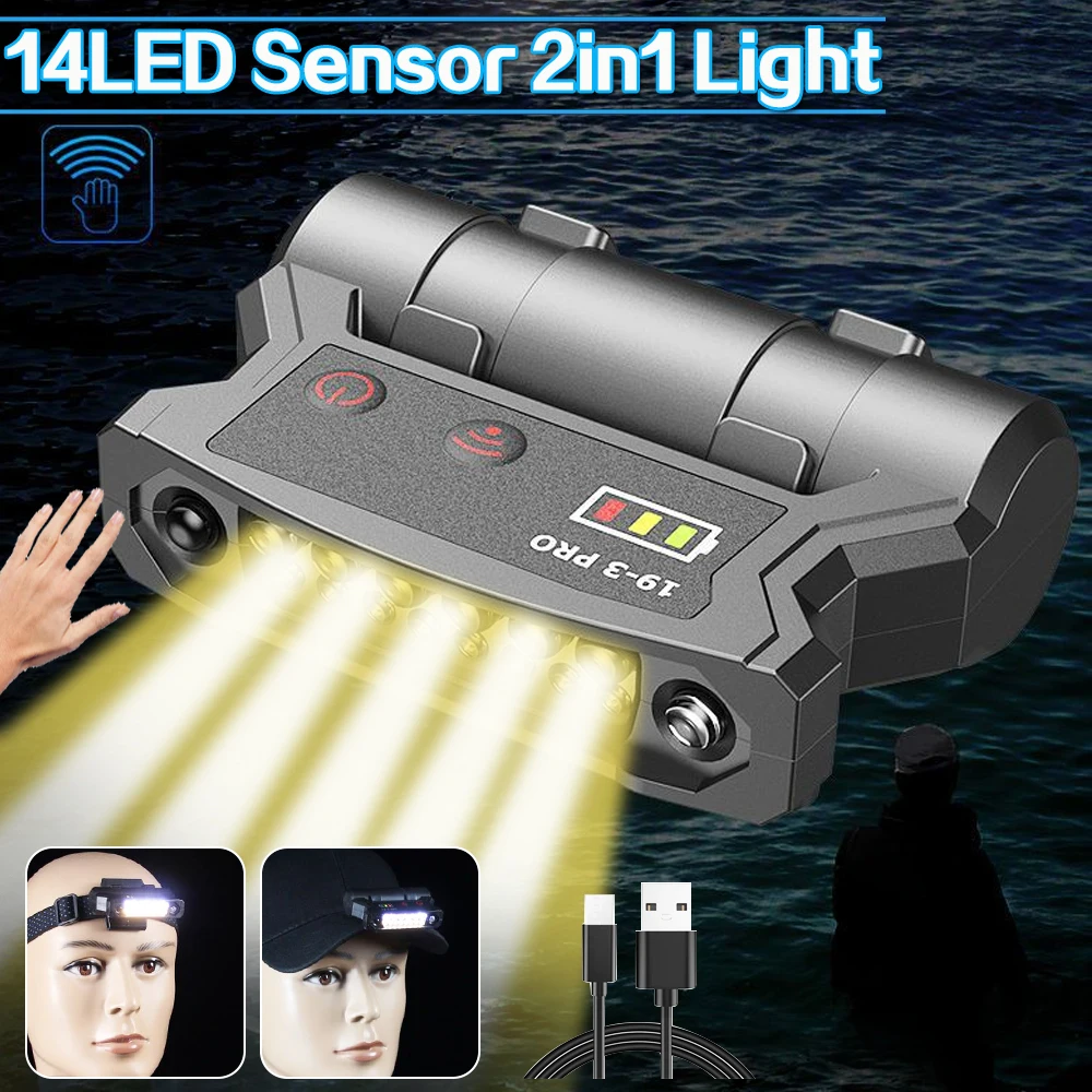 

14LED Mini Sensor Headlamp White+Yellow Fishing Cap Clip Light Rechargeable Head Flashlight Outdoor Searchlight Camping Lantern