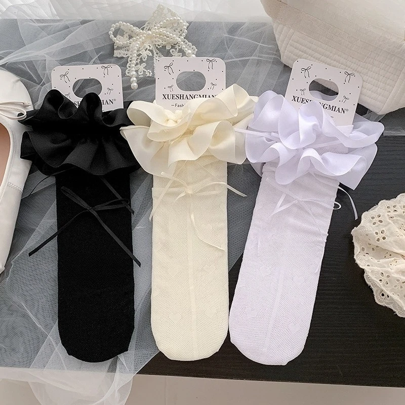 Girls Summer Hollow Thin Stockings Satin Ribbon Lace Ruffles Bow Lolita Girls Sweet Love Heart Ballet Style Gilrs Calf Socks New
