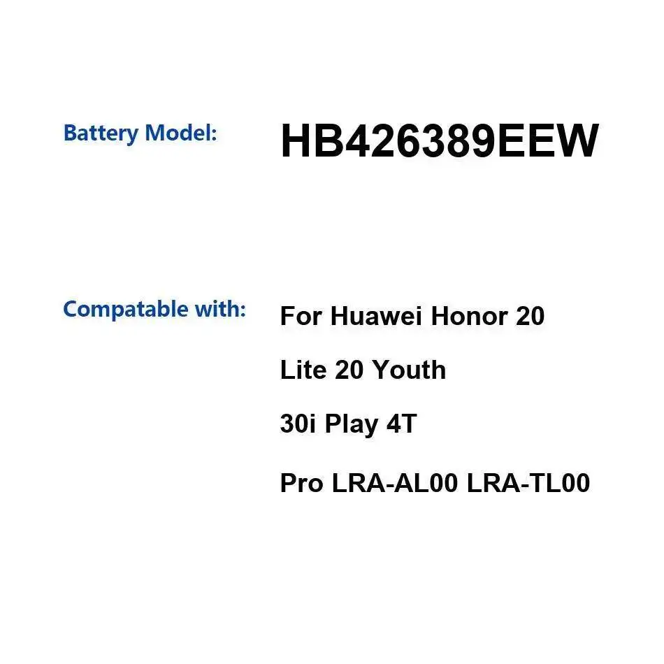 

For Huawei Honor 20 Lite Youth 30I Play 4T Pro Lra-AL00 Lra-TL00 HB426389EEW High-Capacity Mobile Phone Battery 4000Mah