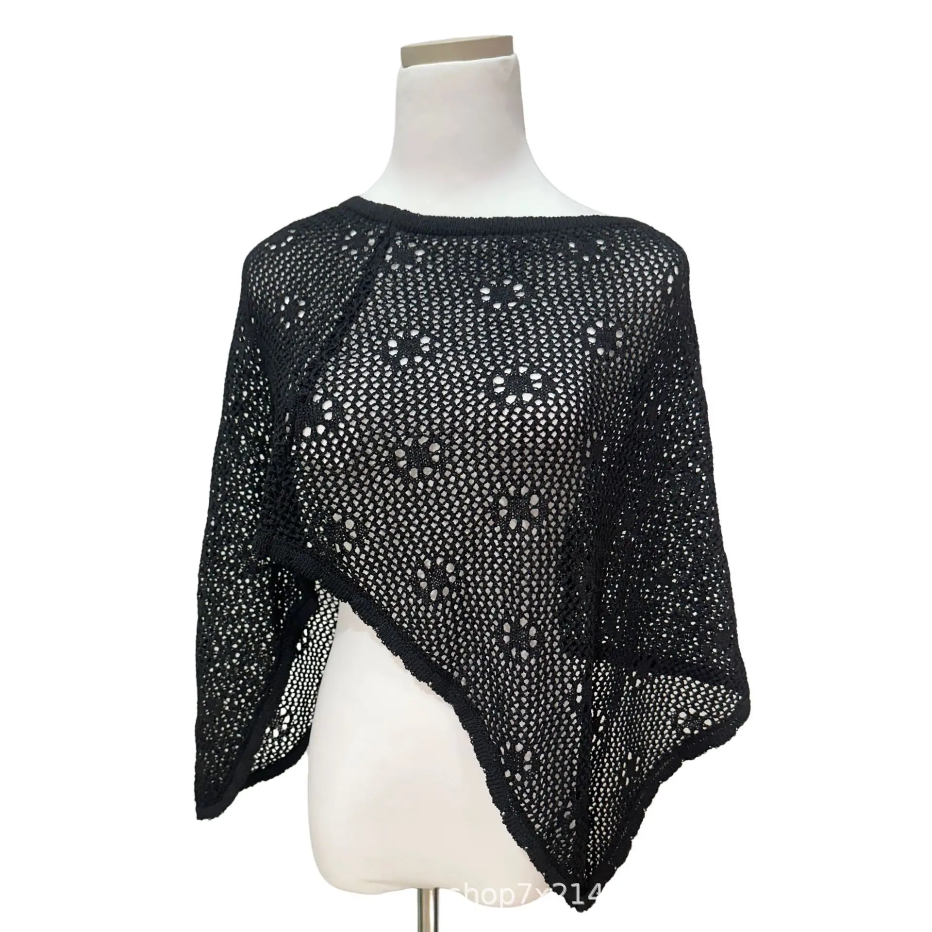 Women's Crochet Knit Ponchos Off Shoulder Asymmetrical Coverup Sweater Tops