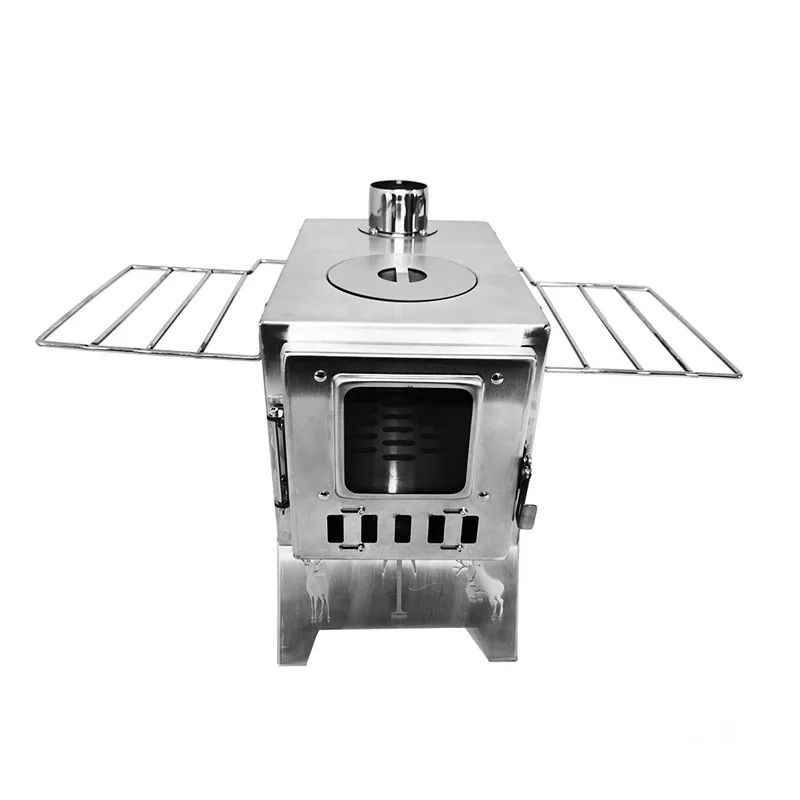 Outdoor Camping BBQ Integrated Stainless Steel Desktop Stove Lightweight Large Window Glass Camping Tent Heating Firewood Stove