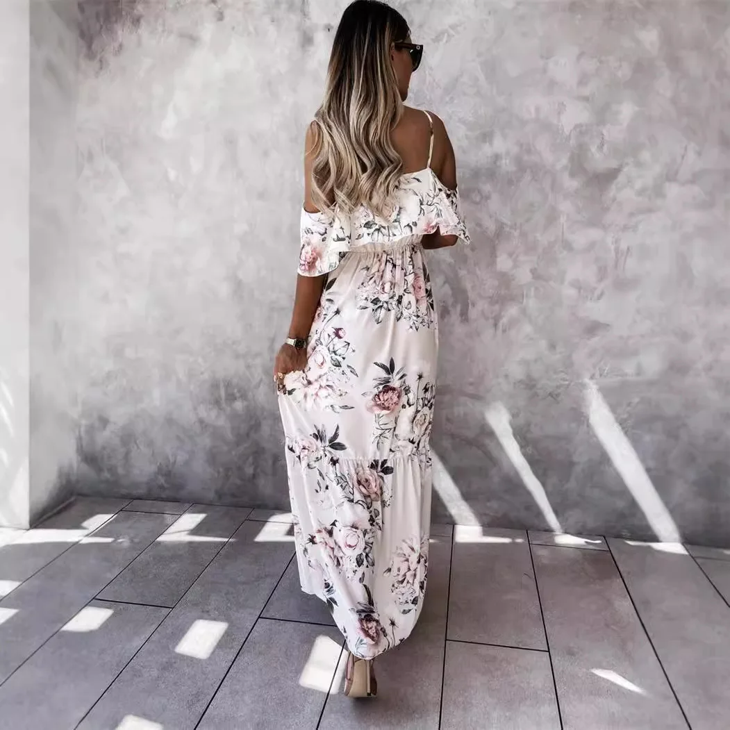 New Summer Fashion Women Floral Sexy Dress Off Shoulder Sunflower Dress Female Casual Beach Sundress Evening Party Long Dresses