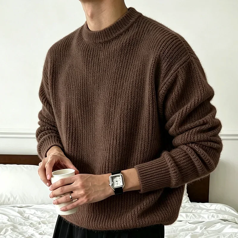 Herren Einfarbiger Strickpullover Frühling Herbst Lässige Mode Gerippte Textur Langarm Lockerer Rundhals-Strickpullover – Detail 24