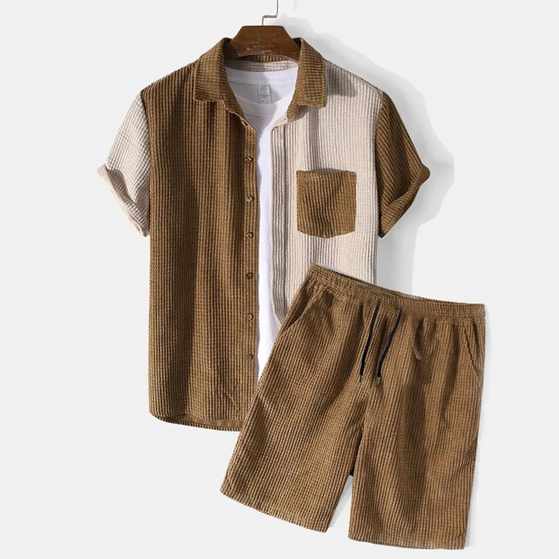 

British Style Corduroy Patchwork Outfits Men Short Sleeved Shirt And Shorts Two-piece Set 2025 Summer Loose waffle Suits