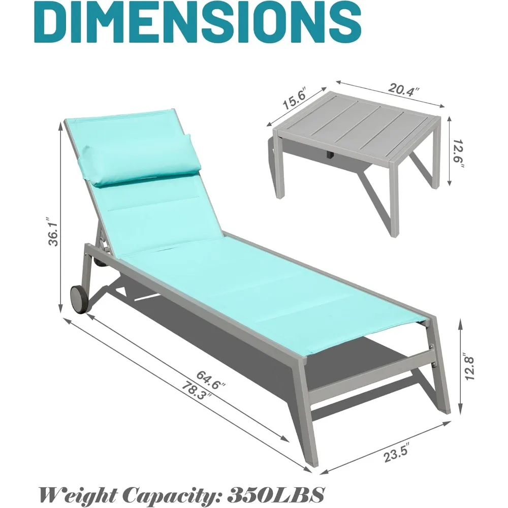 Domi Patio Chaise Lounge Set of 3, Outdoor Lounge Chair, Aluminum Textilene Padded 5 Position Pool Lounger