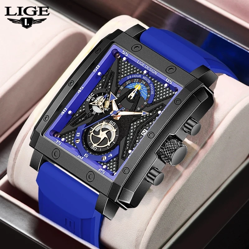 LIGE – Montre-bracelet de luxe, pour hommes, étanche, carrée, en silicone, avec date, style sport, 2021