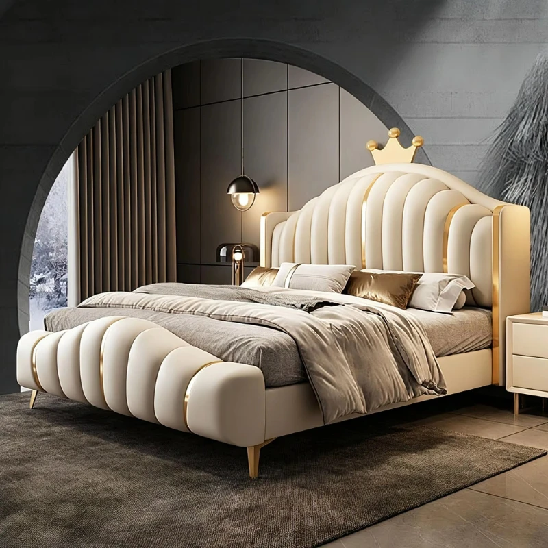 Leather bedding set Bedroom modern Italian beige queen bed frame Elegant high-end hotel 1.8M bedding set