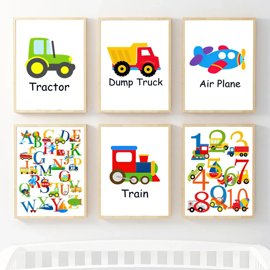 Multiple sizes 1pc frameless Canvas Painting,Cartoon Vehicle Alphabet wall Art Canvas Poster Print Tractor Train Airplane Kids N