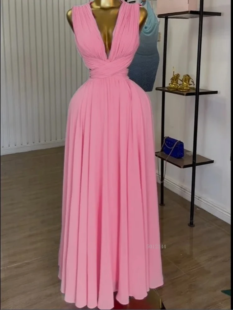 2025, neue Damen-Kleid, ärmellos, Ausschnitt, Rückenwickel, V-Ausschnitt, plissiert, A-Linie, Chiffon, Maxi-langes Kleid, Geburtstag, Urlaub, sexy Partykleider